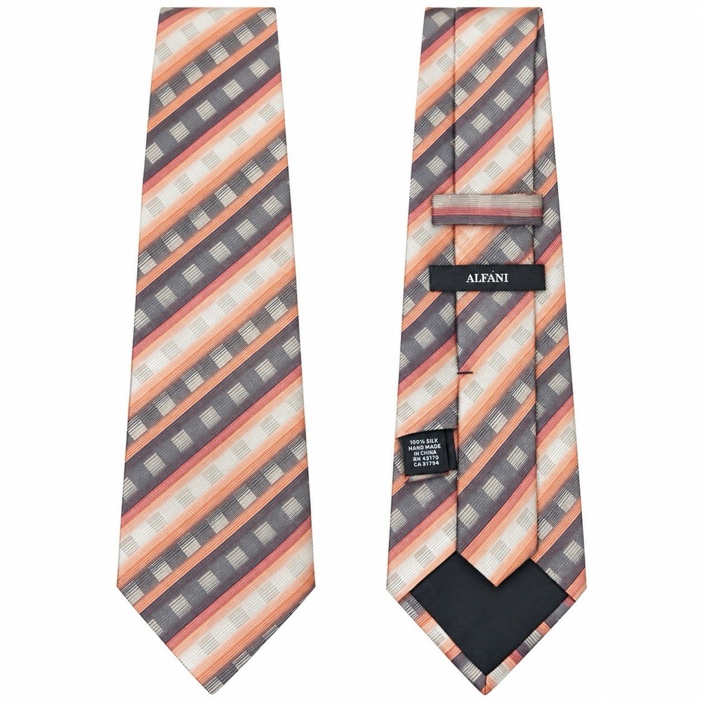 Alfani Men's 100% Silk Necktie Peach Gray Cream Geometric Stripe Dress Tie